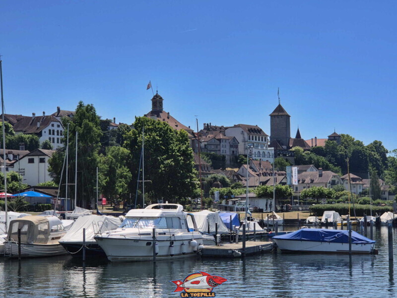 La vieille ville de Morat avec le donjon de son château et l'Hôtel de Ville. La vieille ville de Morat avec le donjon de son château et l'Hôtel de Ville. Freizeitwiese Pantschau beim Hafen in Murten - Place de Loisirs Pantschau