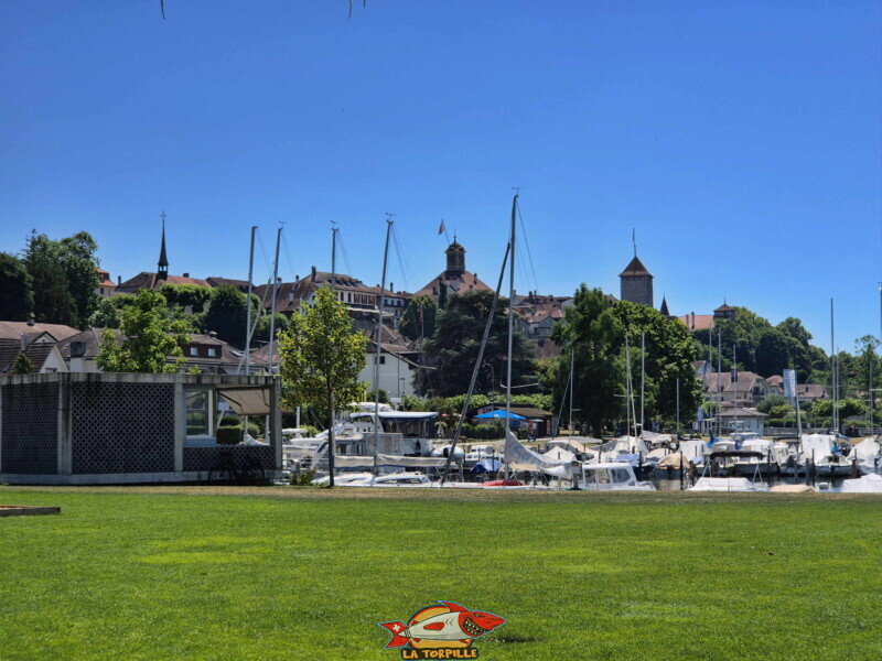 La vue sur le grand port de Morat avec sur la gauche le bloc de l'école de voile de Morat. Freizeitwiese Pantschau beim Hafen in Murten - Place de Loisirs Pantschau La vue sur le grand port de Morat avec sur la gauche le bloc de l'école de voile de Morat. Freizeitwiese Pantschau beim Hafen in Murten - Place de Loisirs Pantschau