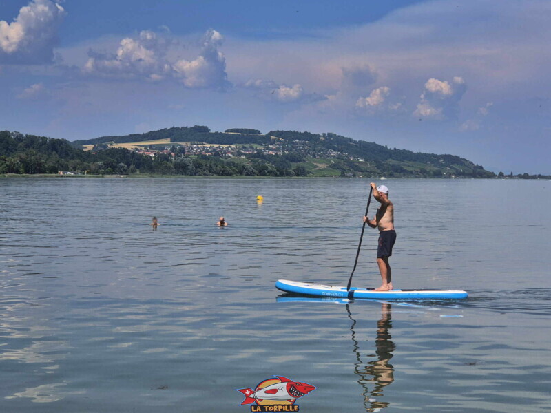 Le zoom sur le Mont Vully. Plage de Salavaux, Vully-les-Lacs, Lac de Morat.