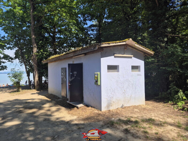 Les toilettes à côté de la buvette "Chez Rosemarie". Plage de Salavaux, Vully-les-Lacs, Lac de Morat.