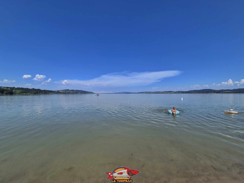 La vue direction nord-est, depuis la plage de Salavaux. Au milieu, légèrement sur la gauche, le Mont-Vully dans le canton de Fribourg. Plage de Salavaux, Vully-les-Lacs, Lac de Morat.