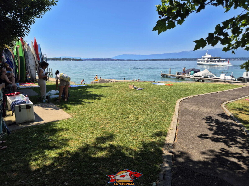 La zone sud de la pelouse. Plage du Débarcadère d'Anières, canton de Genève, lac Léman.