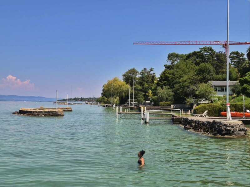 La vue sur le rivage en direction d'Hermance. Plage des Courbes. Anières, lac Léman, canton de Genève. La vue sur le rivage en direction d'Hermance. Plage des Courbes. Anières, lac Léman, canton de Genève.