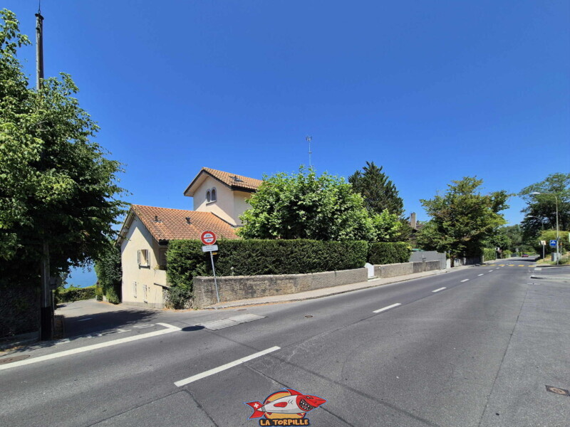 La route du bord du lac avec, sur la gauche, le chemin du débarcadère qui descend à la plage. La route du bord du lac avec, sur la gauche, le chemin du débarcadère qui descend à la plage.