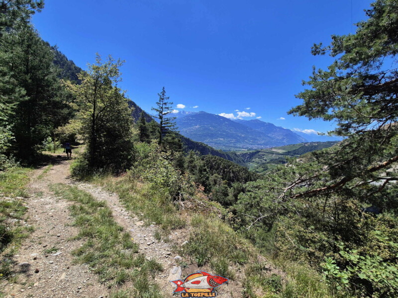 La descente depuis le village d'Icogne jusqu'au niveau du bisse de Sillonin. Le moment où le chemin venant d'Icogne rejoint celui venant de Lens. Sur la droite, la vallée de la Lienne. La descente depuis le village d'Icogne jusqu'au niveau du bisse de Sillonin. Le moment où le chemin venant d'Icogne rejoint celui venant de Lens. Sur la droite, la vallée de la Lienne.