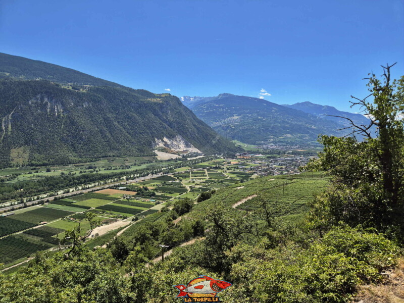 La vue sur la vallée du Rhône en direction de St-Léonard et Bramois. Bisse de Sillonin La vue sur la vallée du Rhône en direction de St-Léonard et Bramois. Bisse de Sillonin