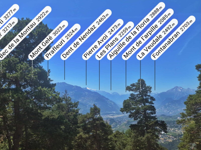 La vue direction sud-ouest depuis le Christ-Roi. La vallée du Rhône direction Martigny, Dent de Nendaz, Pierre Avoi La vue direction sud-ouest depuis le Christ-Roi. La vallée du Rhône direction Martigny, Dent de Nendaz, Pierre Avoi