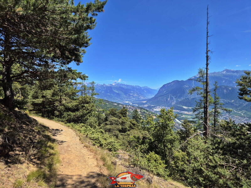 La vue sur la vallée du Rhône en direction du Haut-Valais. Descente dans la forêt. Statue du Christ-Roi, Lens, Valais central. La vue sur la vallée du Rhône en direction du Haut-Valais. Descente dans la forêt. Statue du Christ-Roi, Lens, Valais central.