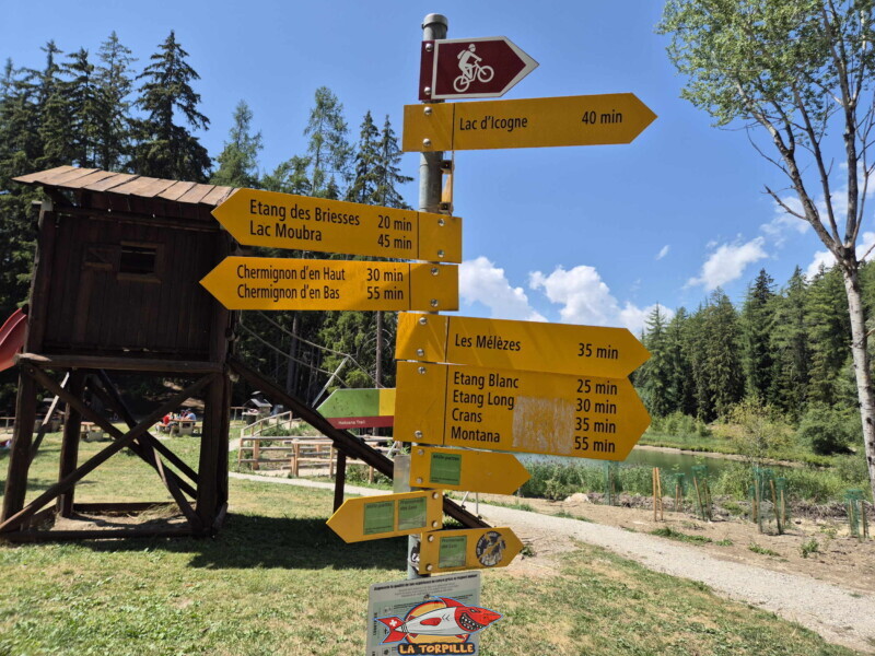Un panneau qui indique le temps de marche vers les autres étangs et lacs de la région de Crans-Montana et Lens. Lac d'Icogne (40 min), étang Blanc (25 min), étang Long (30 min), étang des Briesses (20 min) et le lac Moubra (45 min). Un panneau qui indique le temps de marche depuis l'étang des Miriouges vers les autres étangs et lacs de la région de Crans-Montana et Lens. Lac d'Icogne (40 min), étang Blanc (25 min), étang Long (30 min), étang des Briesses (20 min) et le lac Moubra (45 min).