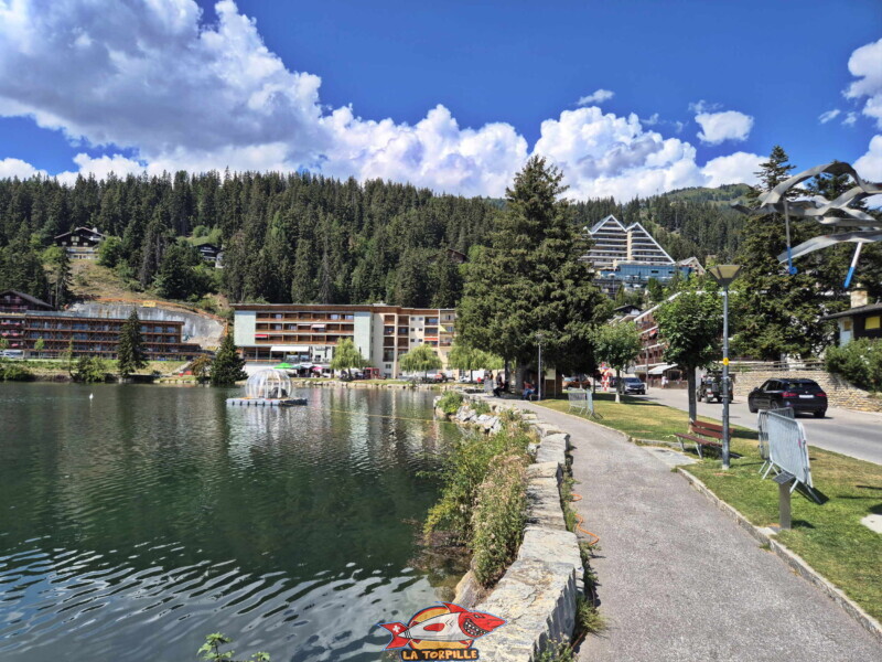 Le côté Est de l'étang Grenon. La route des Sommets de Crans. Le côté Est de l'étang Grenon. La route des Sommets de Crans.