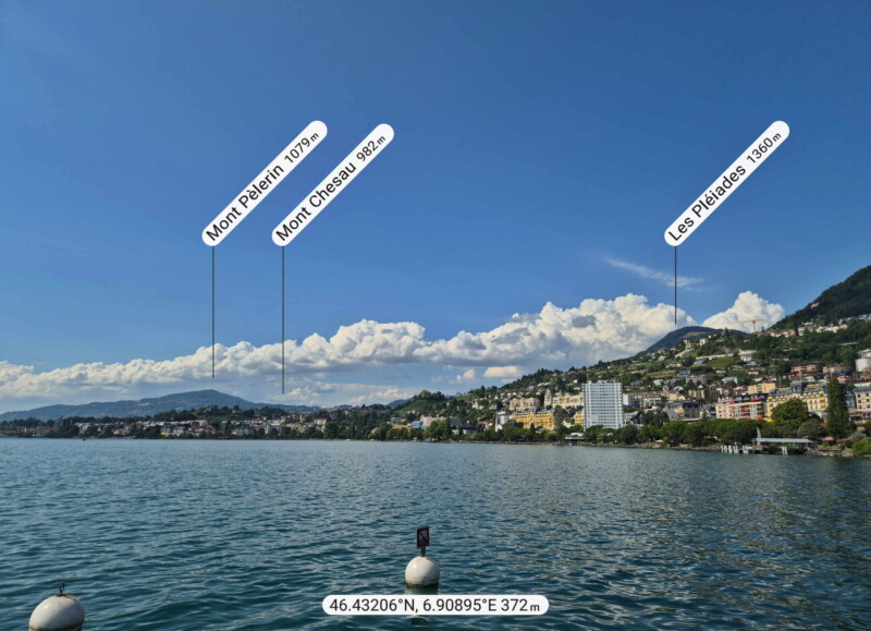 La vue, direction nord-ouest, depuis le ponton de Montreux. Mont Pèlerin, les Pléiades. La vue, direction nord-ouest, depuis le ponton de Montreux. Mont Pèlerin, les Pléiades.