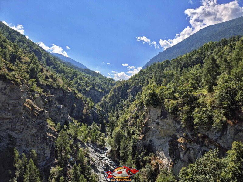 La vue direction amont depuis la passerelle. Passerelle des Gorges de la Borgne, Hérémence, Euseigne, St-Martin. La vue direction amont depuis la passerelle. Passerelle des Gorges de la Borgne, Hérémence, Euseigne, St-Martin.