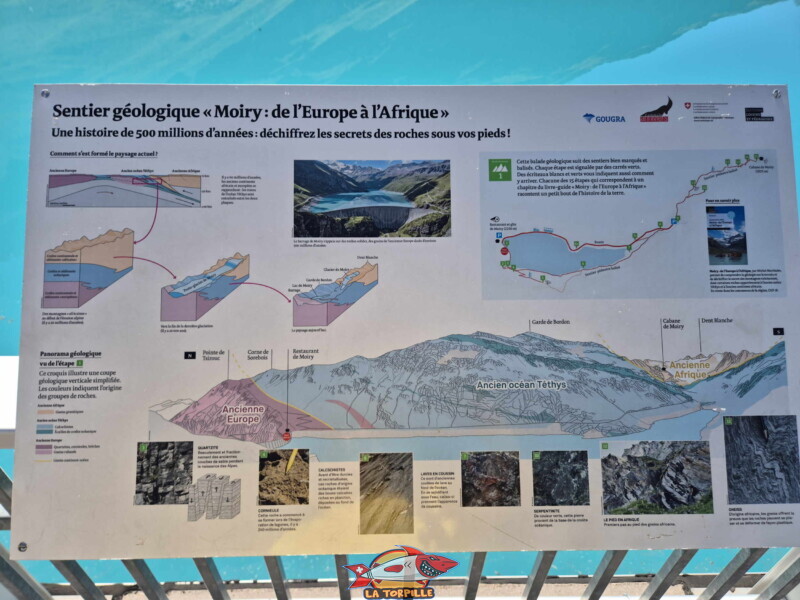 Un panneau didactique sur le couronnement du barrage de Moiry. Barrage et lac de Moiry, tour du lac, val d'Anniviers, Valais. Un panneau didactique sur le couronnement du barrage de Moiry. Barrage et lac de Moiry, tour du lac, val d'Anniviers, Valais.