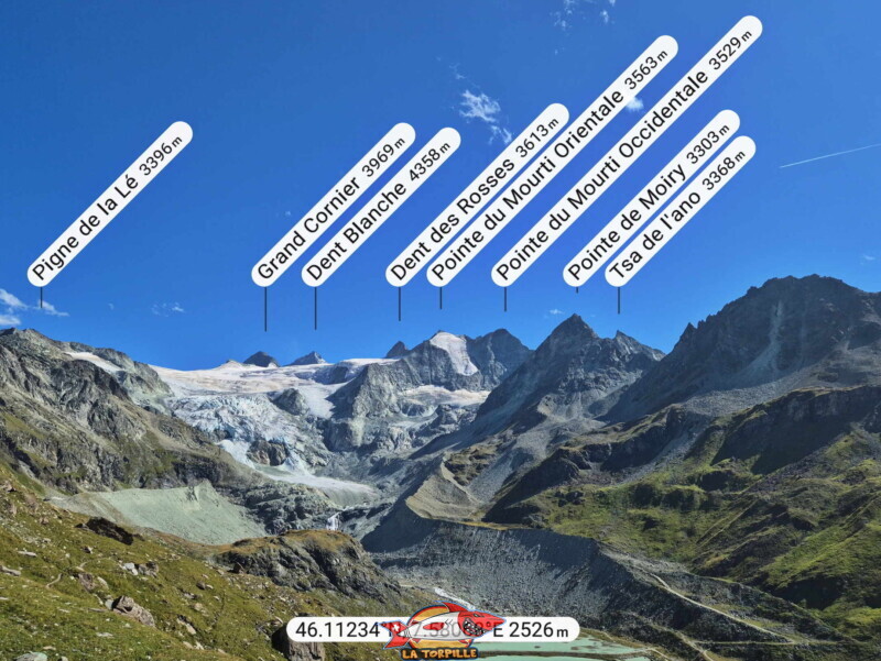 sentier rive droite. Le panorama sur le glacier de Moiry. La Dent Blanche, la Pointe de Moiry. sentier rive droite. Le panorama sur le glacier de Moiry. La Dent Blanche, la Pointe de Moiry. Barrage et lac de Moiry, tour du lac, val d'Anniviers, Valais.