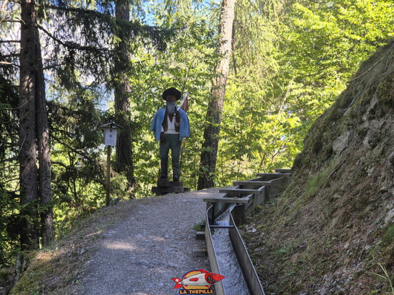 La première partie du bisse dans la forêt, du départ à la table d'orientation. Bisse des Ravines - Bruson.