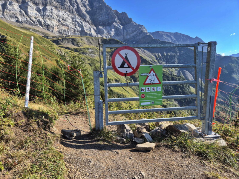 Un panneau qui indique que le camping est interdit au lac de Soi. Montée Arête de Soi. Lac de Soi, Val-d'Illiez, Bas-Valais.