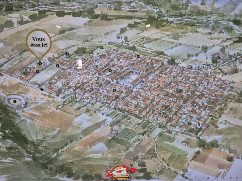 Une aquarelle montrant la Martigny de l'époque romaine avec la position de la fondation Gianadda.