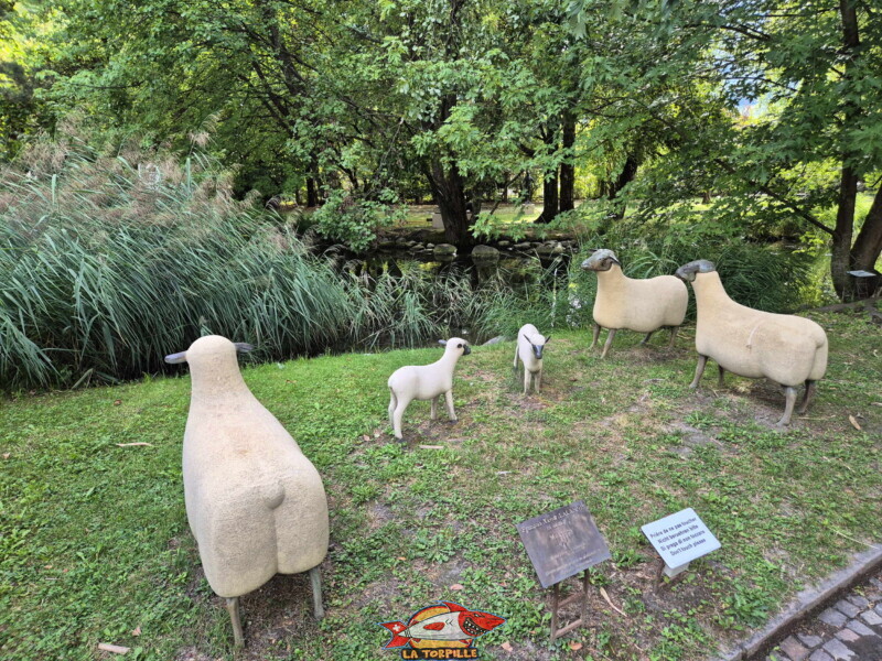 Un petit troupeau de moutons et d'agneaux disposés sur l'herbe au bord de l'eau, créée par les artistes François-Xavier et Claude Lalanne.
