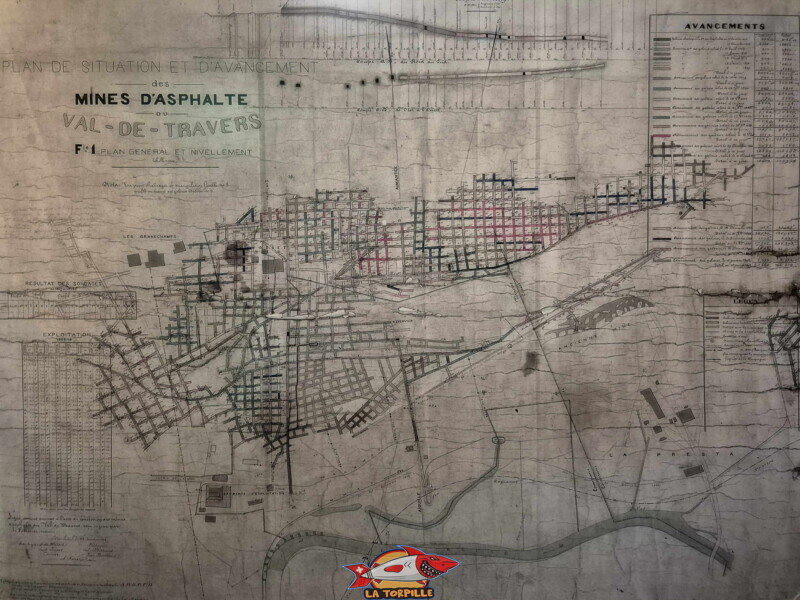 Le plan des mines de la Presta avec l'impressionnant dédale de galeries. Mines d'Asphalte de la Presta - Val-de-Travers, canton de Neuchâtel. Le plan des mines de la Presta avec l'impressionnant dédale de galeries. Mines d'Asphalte de la Presta - Val-de-Travers, canton de Neuchâtel.
