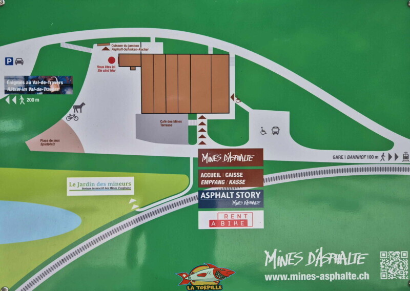 Un plan du site des mines d'asphalte. Mines d'Asphalte de la Presta - Val-de-Travers, canton de Neuchâtel. Un plan du site des mines d'asphalte. Mines d'Asphalte de la Presta - Val-de-Travers, canton de Neuchâtel.