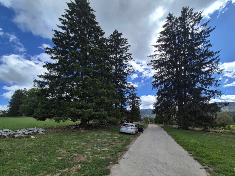 Les places de parc sur la gauche de la route.