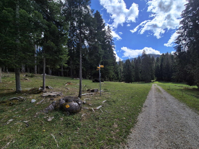 L'arrivée aux "Rélarges", le chemin quitte la route en graviers pour tourner sur la gauche et entrer dans la forêt.