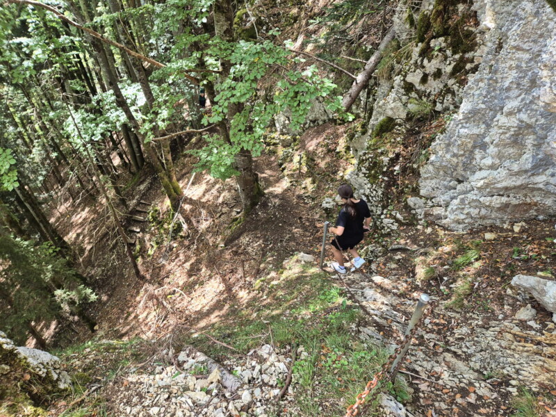 Pour arriver à la Grotte aux Fées, le chemin se termine par une descente très raide équipée d'une main-courante.