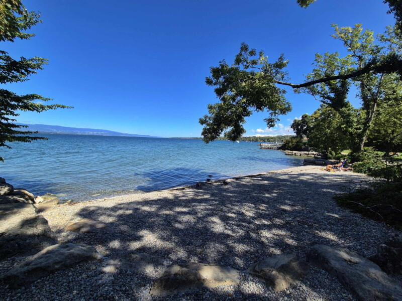 La zone de galets à l'est de la plage. Plage de la Savonnière, Collonges-Bellerive, Genève