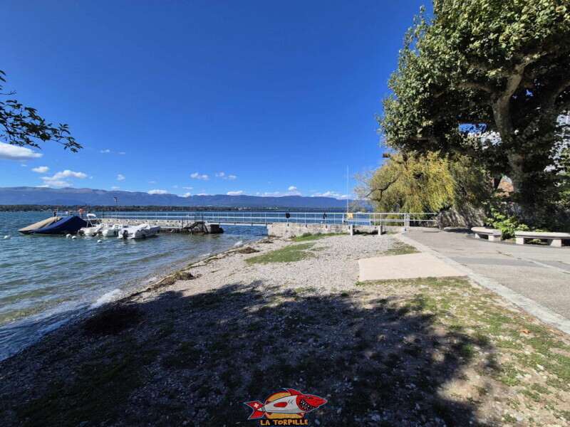 La grande zone de galets au sud du ponton. Plage du Port de Bellerive - Collonge-Bellerive
