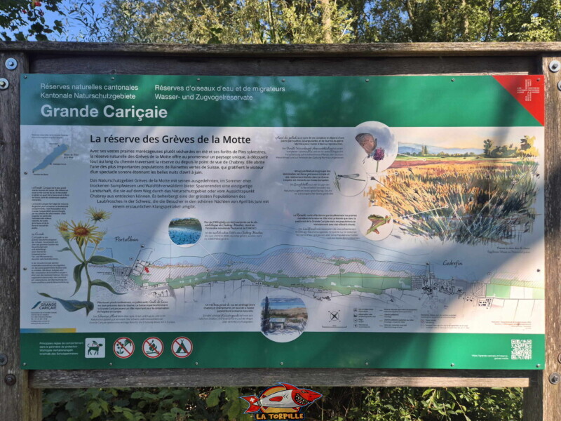 Un panneau didactique sur la réserve naturele des Grèves de la Motte. Un panneau didactique sur la réserve naturele des Grèves de la Motte.