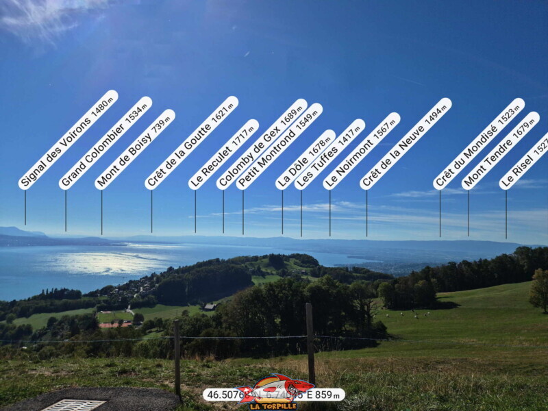 Le plus beau point de vue sur Léman se trouve à sur la route de la tour de Gourze, à 200 mètres sous le restaurant. La vue direction Ouest.