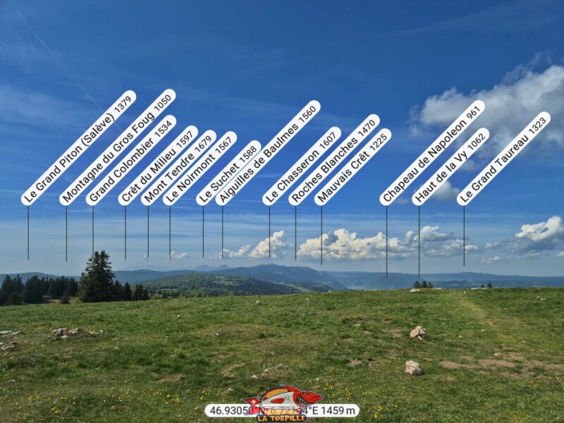 La vue sud-ouest depuis le Soliat. Le Chasseral, le Suchet, les Aiguilles de Baulmes.