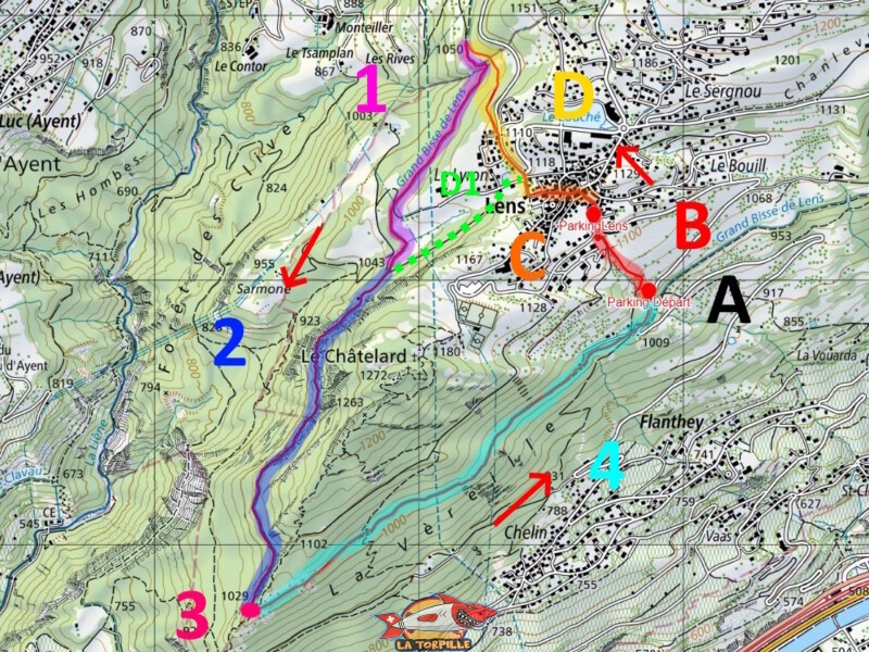 Le parcours de la grande boucle. Grand bisse de Lens, Valais central. Le parcours de la grande boucle. Grand bisse de Lens, Valais central.