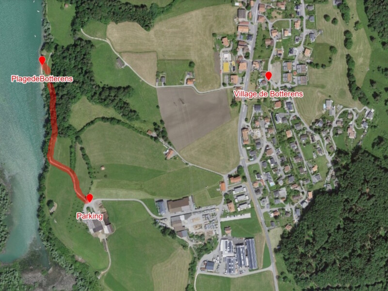 La position de la plage de Botterens au sud du lac de la Gruyère. La position de la plage de Botterens au sud du lac de la Gruyère.