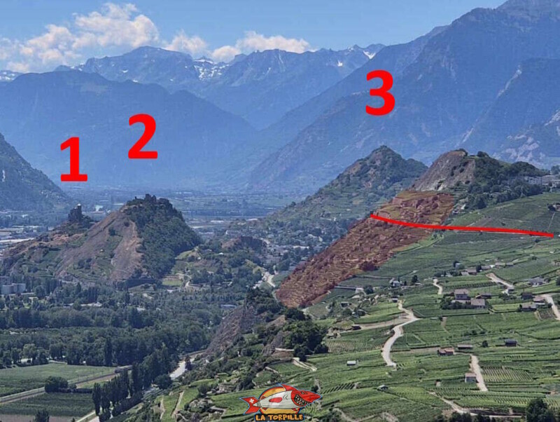 Le vignoble en coteau (rouge clair) de la commune de Sion depuis le bisse de Sillonin. Valère (1), Tourbillon (2) et Mont d'Orge (3). Le vignoble en coteau (rouge clair) de la commune de Sion depuis le bisse de Sillonin. Valère (1), Tourbillon (2) et Mont d'Orge (3).