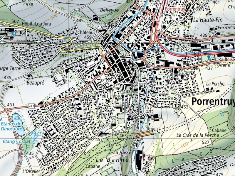 Les étangs du dinosaure et l'étang Corbat à l'ouest de la ville de Porrentruy (gauche de l'image). Les étangs du dinosaure et l'étang Corbat à l'ouest de la ville de Porrentruy (gauche de l'image).