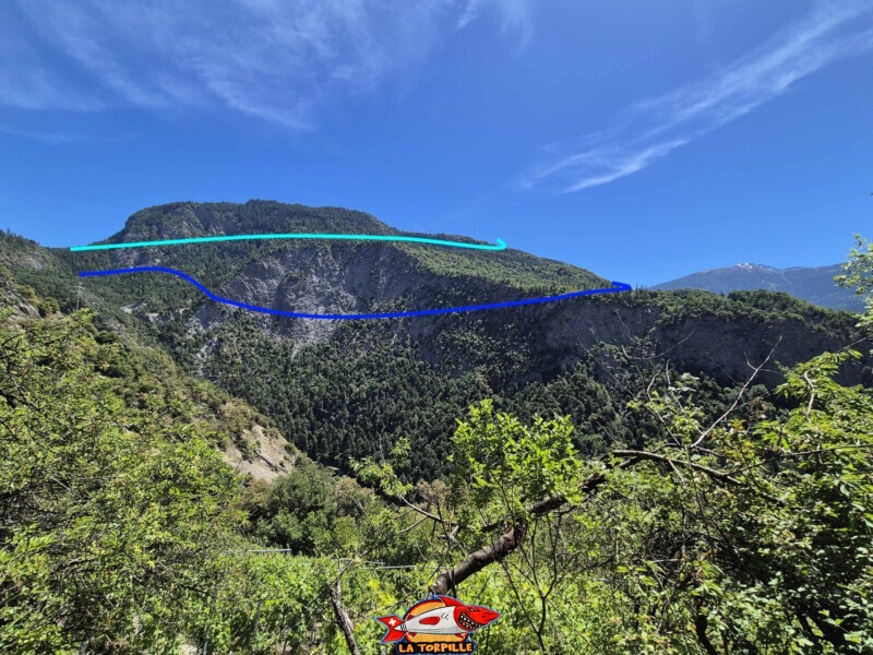 La colline du Châtelard depuis le bisse de Clavau. Le bisse de Lens en bleu clair et le bisse de Sillonin en bleu foncé. La colline du Châtelard depuis le bisse de Clavau. Le bisse de Lens en bleu clair et le bisse de Sillonin en bleu foncé. Bisse de Sillonin