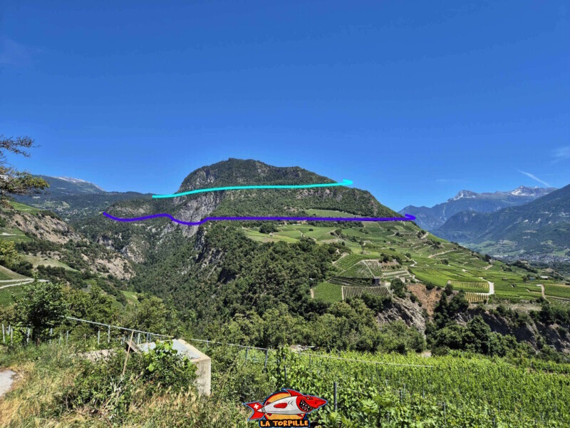 La colline du Châtelard au sommet de laquelle se trouve la statue du Christ-Roi. Le bisse de Lens en bleu clair et le bisse de Sillonin en bleu foncé. La colline du Châtelard au sommet de laquelle se trouve la statue du Christ-Roi. Le bisse de Lens en bleu clair et le bisse de Sillonin en bleu foncé. Vallée de la Lienne - St-Léonard. Bisse de Sillonin