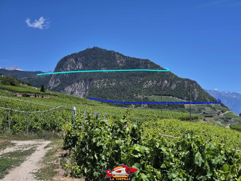 La colline du Châtelard depuis le bisse de Clavau. Le bisse de Lens en bleu clair et le bisse de Sillonin en bleu foncé. Vallée de la Lienne - St-Léonard La colline du Châtelard depuis le bisse de Clavau. Le bisse de Lens en bleu clair et le bisse de Sillonin en bleu foncé. Vallée de la Lienne - St-Léonard. Bisse de Sillonin