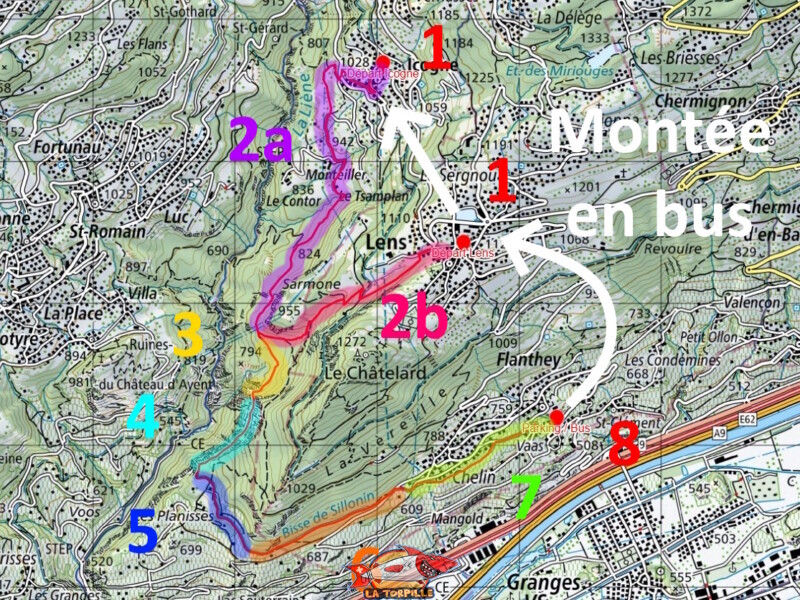 Les différentes étapes de la randonnée par le bisse de Sillonin. Les différentes étapes de la randonnée par le bisse de Sillonin.
