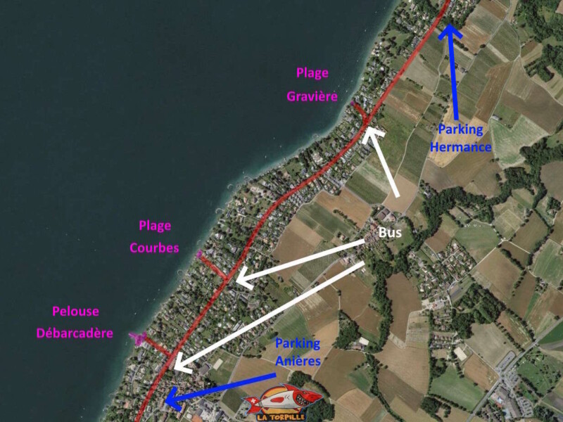 Le plan des 3 plages de la commune d'Anières avec les parkings d'accès et arrêts de bus de la ligne E. Le plan des 3 plages de la commune d'Anières avec les parkings d'accès et arrêts de bus de la ligne E.