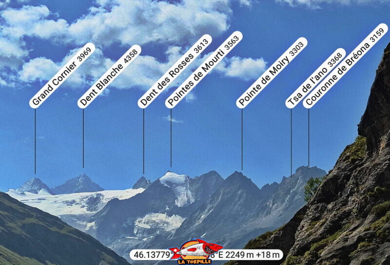 La vue direction sud depuis le couronnement du barrage de Moiry. Le glacier de Moiry, le Grand Cornier, la Dent Blanche, la Dent des Rosses. La vue direction sud depuis le couronnement du barrage de Moiry. Le glacier de Moiry, le Grand Cornier, la Dent Blanche, la Dent des Rosses. Barrage et lac de Moiry, tour du lac, val d'Anniviers, Valais.