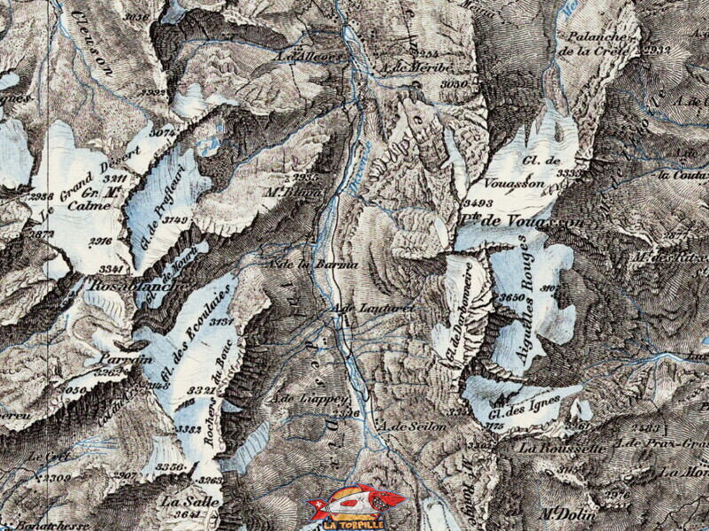 Carte de 1933. Il n'existe aucun barrage. Barrage de la Grande Dixence, Hérémence, canton du Valais. Carte de 1933. Il n'existe aucun barrage. Barrage de la Grande Dixence, Hérémence, canton du Valais.