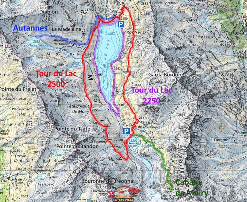 Un plan des randonnées depuis le barrage. Barrage et lac de Moiry, tour du lac, val d'Anniviers, Valais. Un plan des randonnées depuis le barrage. Barrage et lac de Moiry, tour du lac, val d'Anniviers, Valais.