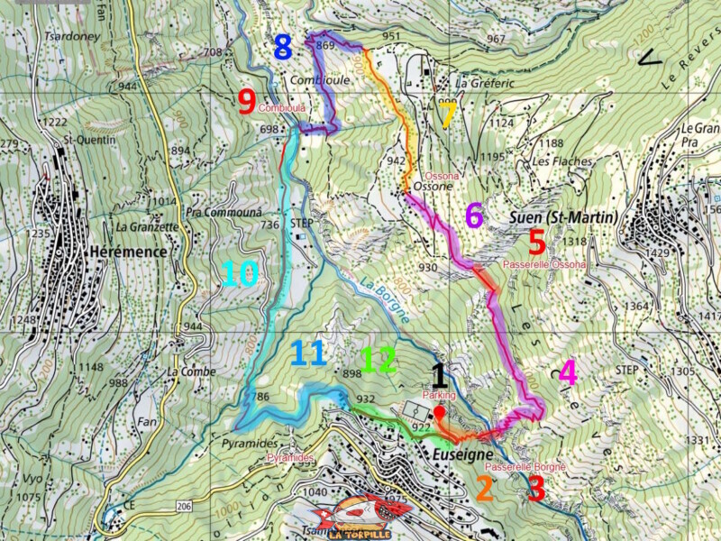 Les différentes étapes de la boucle. Tour des Passerelles, Val d'Hérens. Les différentes étapes de la boucle. Tour des Passerelles, Val d'Hérens.