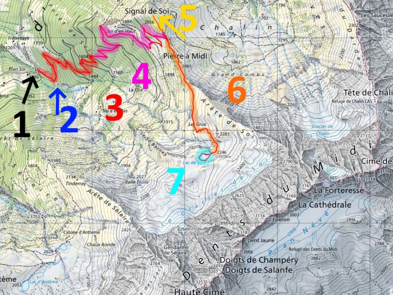 Les différentes étapes de la montée au lac de Soi.
